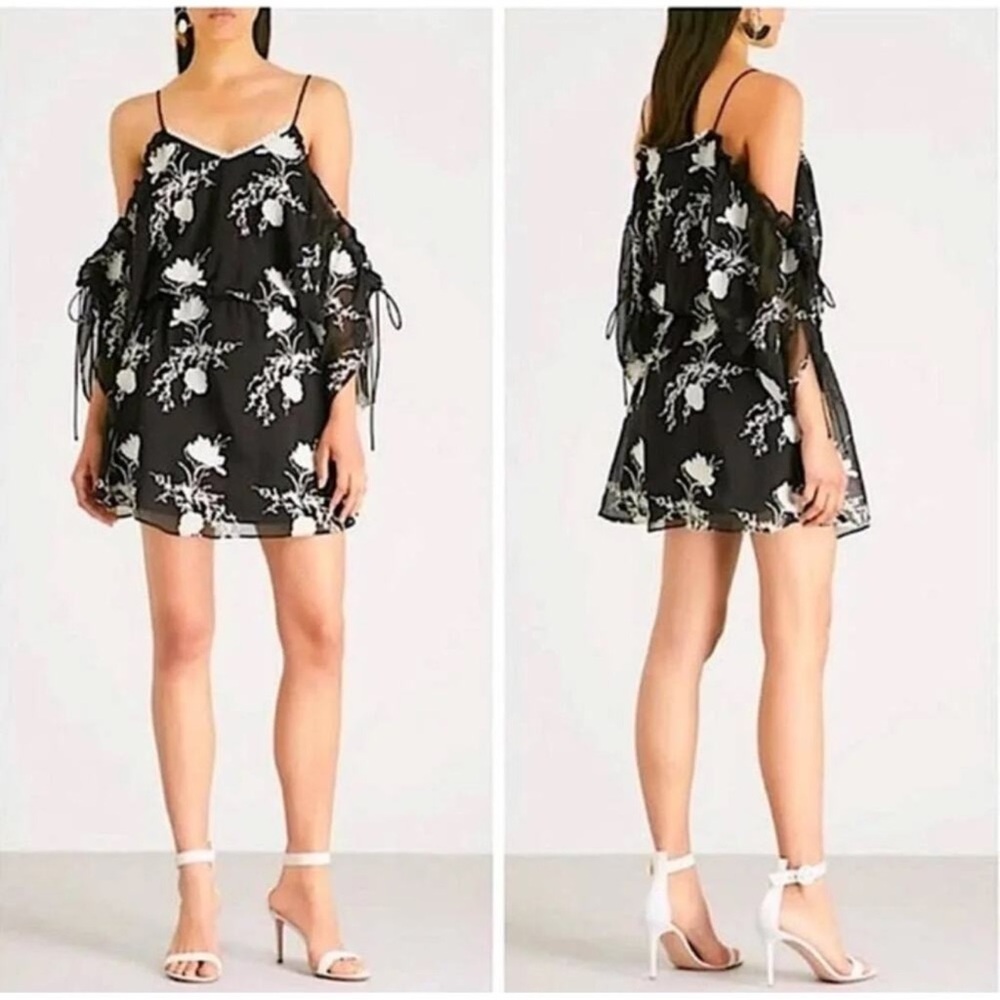 Alice & Olivia Holden Embroidered Chiffon Mini Dress Black White XS